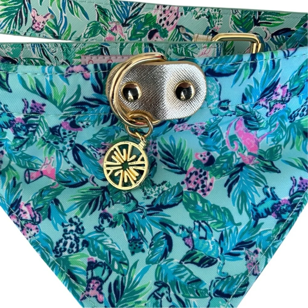 LILLY PULITZER LEATHER CANVAS DOG COLLAR Floral pup Bandana with Pendant M/L M L